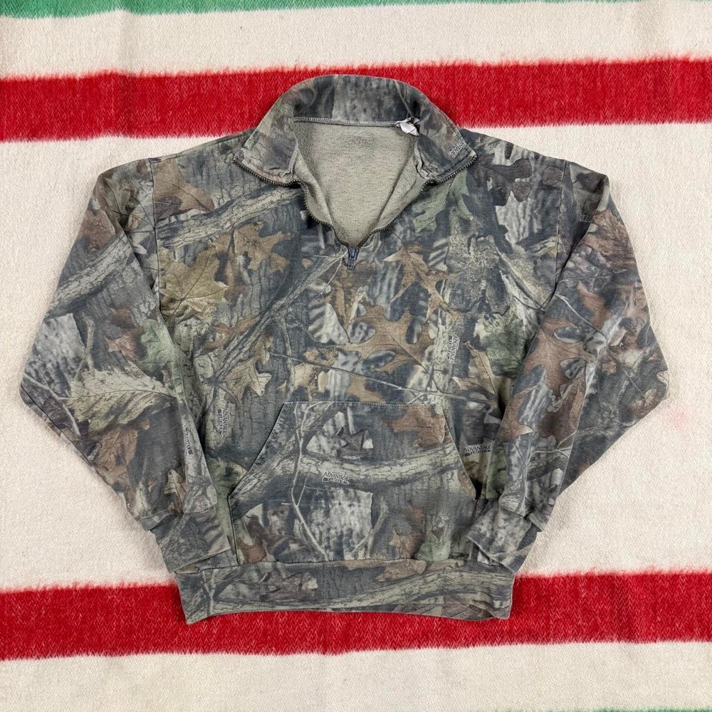 Vintage 90s Advantage Timber Camo Quarter Zip Sweatshirt Mens S/M Light Wear